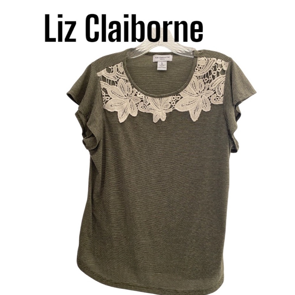 Liz Claiborne Striped Green Lace Detailed Top PL